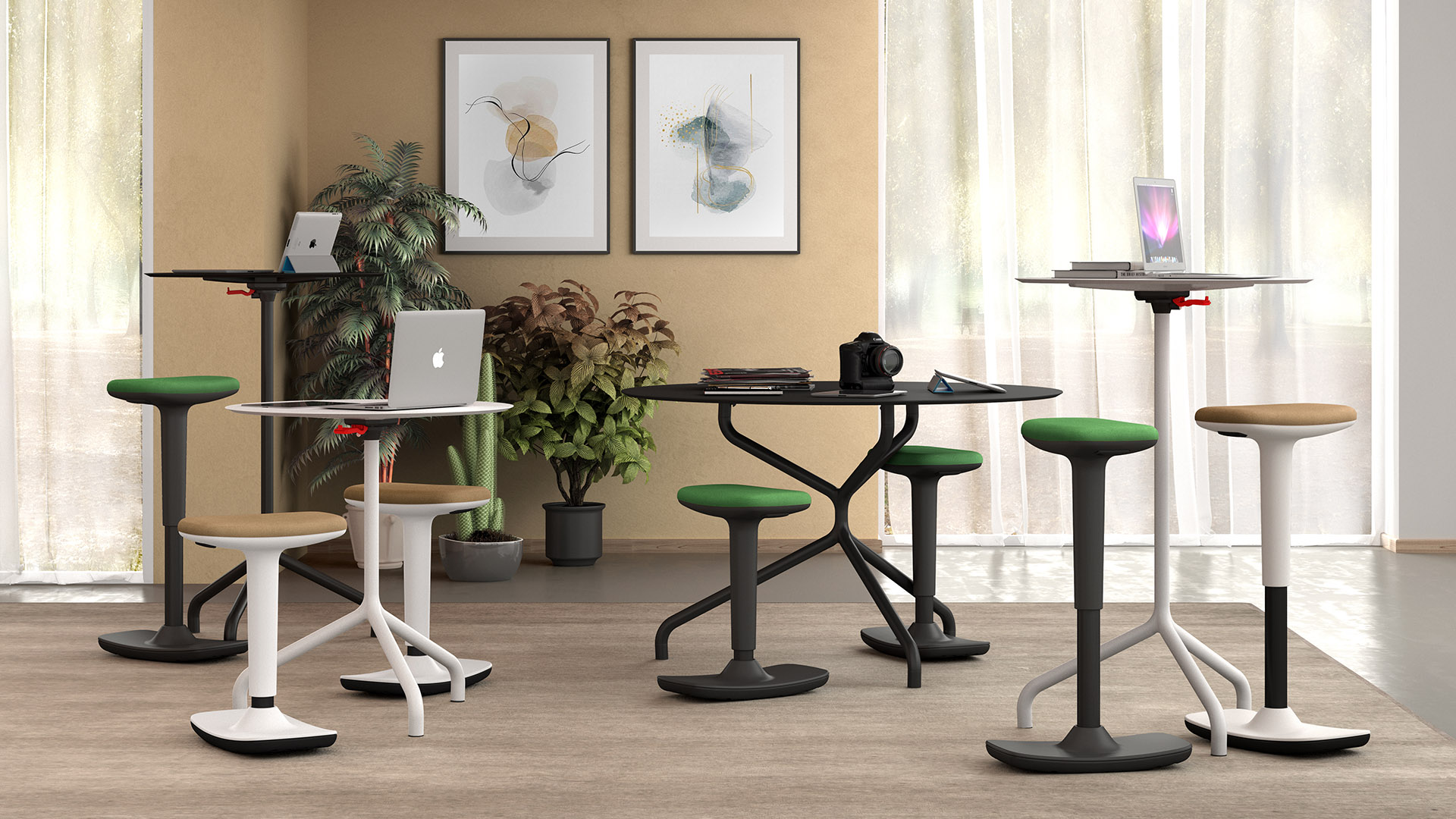 Rocker stool with ergonoic sit for stand-up workstation Twist